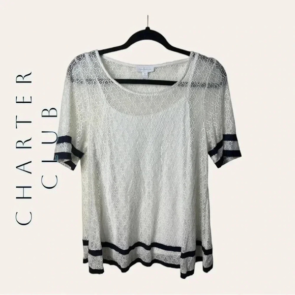 0414W. CHARTERS CLUB SHORT SLEEVE TOP SHEER BUT LINED SIZE MEDIUM - Picture 1 of 9